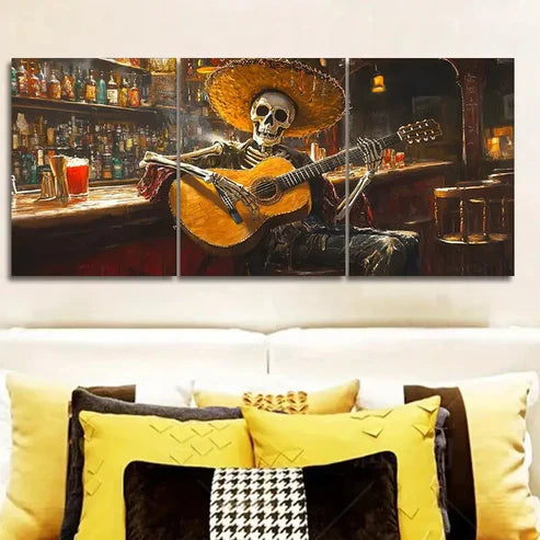 3pcs A Skeleton Playing Guitar in a Bar Wall Art Set Canvas Unframed - High Quality Print 100% Australian Made Wall Canvas - Bella Home Decor