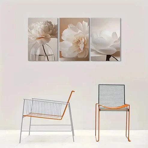 3pcs Modern Minimalist White Peony Flower Wall Art Canvas Unframed - High Quality Print 100% Australian Made Wall Canvas
