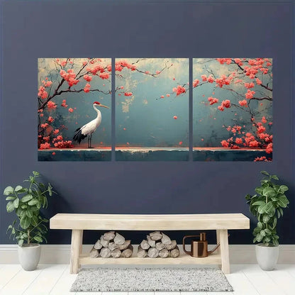 3pcs Japanese Cherry Blossoms & Crane Metal Print Ready to Hang Art - Bella Home Decor