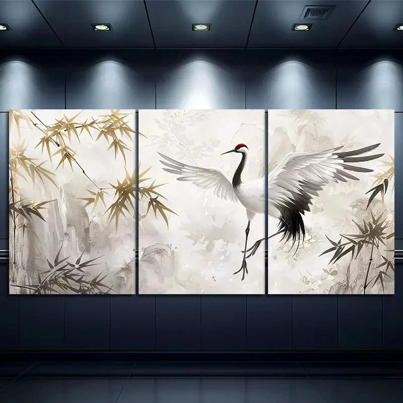 3pcs Asian-Inspired Red-Crowned Crane Metal Print Ready to Hang Art - Bella Home Decor