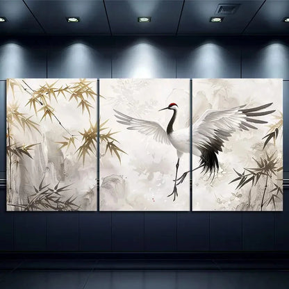 3pcs Asian-Inspired Red-Crowned Crane Metal Print Ready to Hang Art - Bella Home Decor