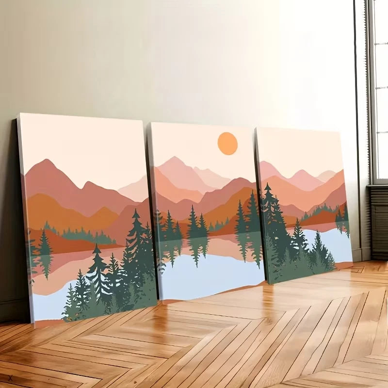 3pcs Abstract Mountains, Lakes, and Trees Wall Art Set Canvas Framed 60x90cm – High Quality Print, 100% Australian Made, Ready to Hang