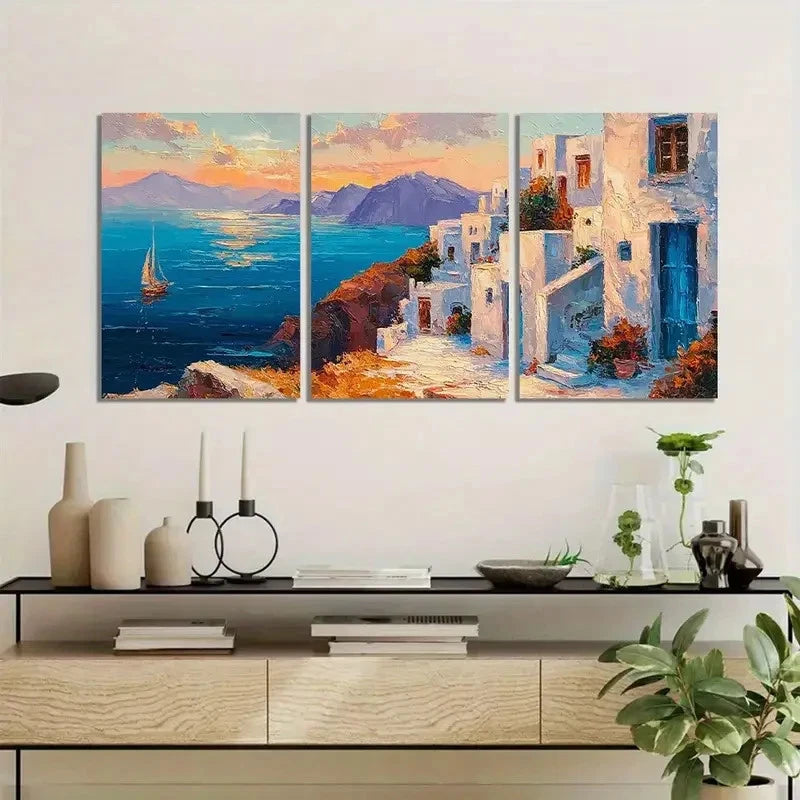 3pcs Oil Painting Vibrant Coastal Scene Metal Print Ready to Hang Art - Bella Home Decor