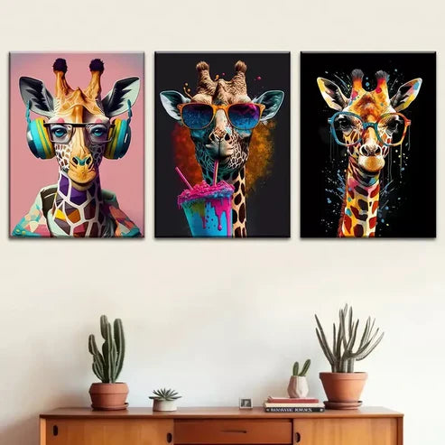 3pcs Stylish Giraffe - Animal Paintings Graffiti Wall Art Canvas Unframed - High Quality Print 100% Australian Made Wall Canvas
