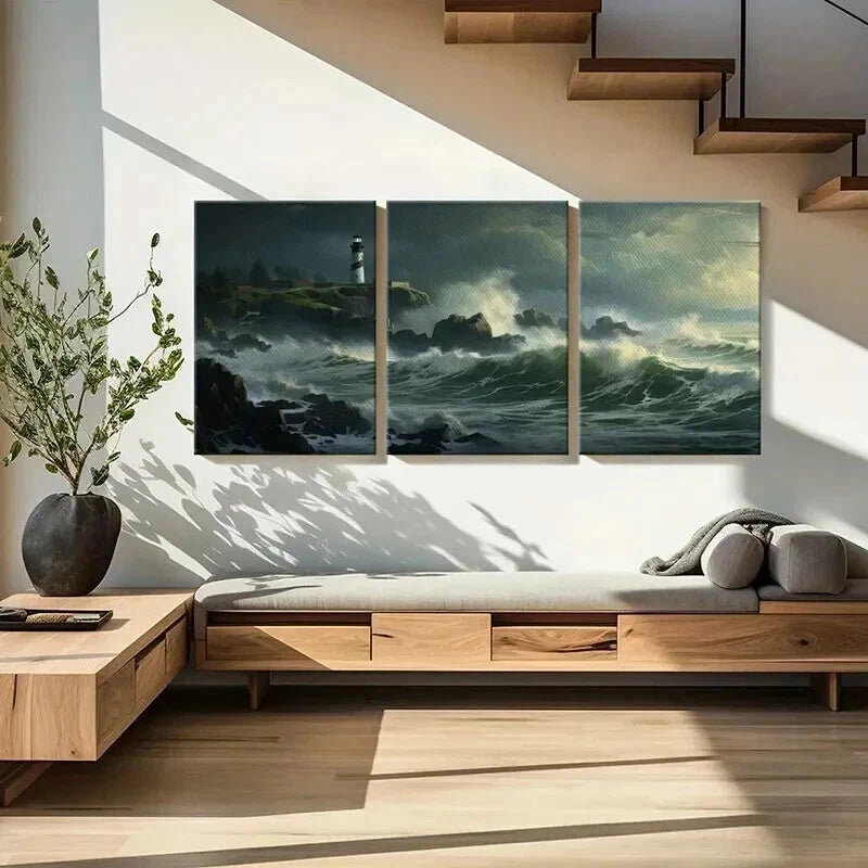 3pcs Lighthouse Overlooking Stormy Sea Waves Wall Art Set Canvas Framed 40x60cm - High Quality Print 100% Australian Made Wall Canvas Ready to Hang - Bella Home Decor