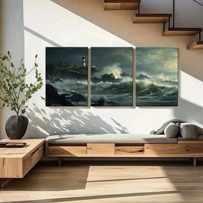 3pcs Lighthouse Overlooking Stormy Sea Waves Wall Art Set Canvas Framed 40x60cm - High Quality Print 100% Australian Made Wall Canvas Ready to Hang - Bella Home Decor