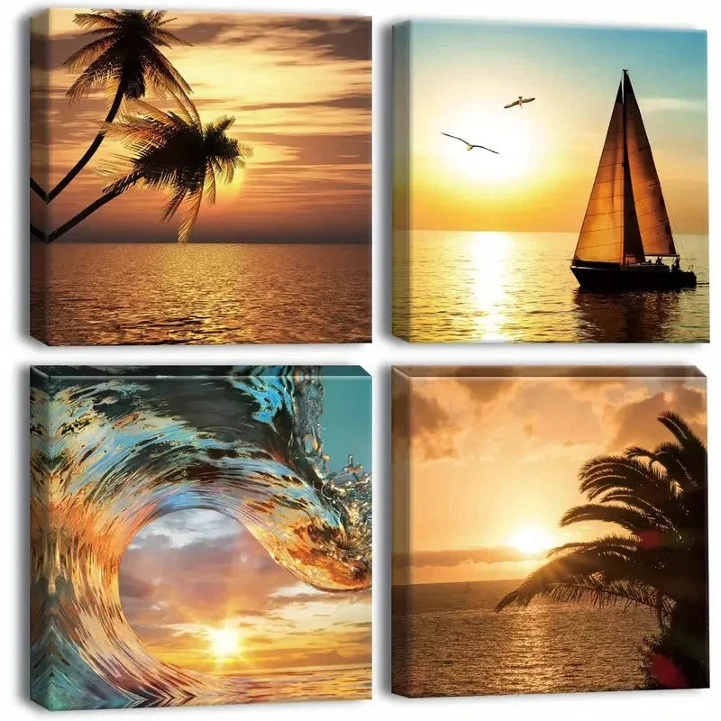 4pcs Tropical Beach Wall Art Canvas Framed