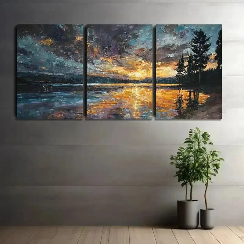 3pcs Sunset on Lake Huntington Paintings Metal Print Ready to Hang Art - Bella Home Decor