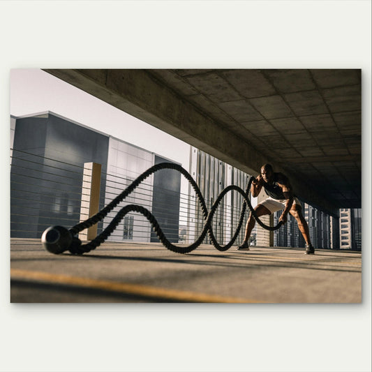 Athletic Man Using Battle Ropes 5mm Plastic Poster Ready to Hang 90x60cm