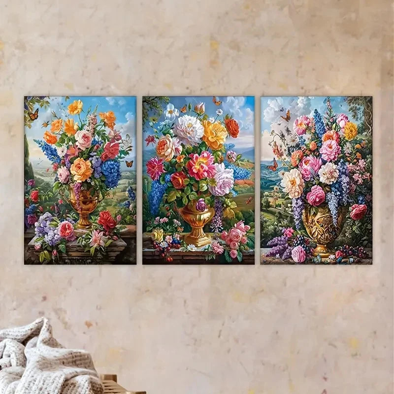3pcs flowers in vases on table Wall Art Set Canvas Framed 60x90cm - High Quality Print 100% Australian Made Wall Canvas Ready to Hang - Bella Home Decor