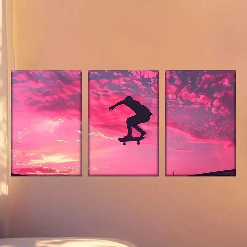 3pcs Speeding skateboarder  Wall Art Set Canvas Framed 50x70cm - High Quality Print 100% Australian Made Wall Canvas Ready to Hang