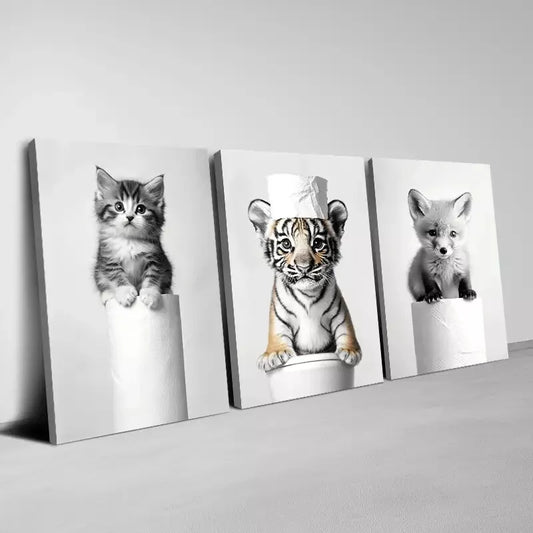 3pcs Minimalist Baby Animals Bathroom Wall Art Set Canvas Framed 50x70cm - High Quality Print 100% Australian Made Wall Canvas Ready to Hang