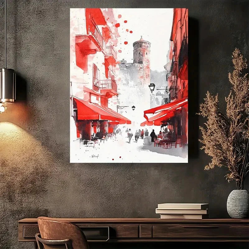 Beautiful Red Paris Street Scene Vibrant Red Painting 40x60cm Metal Print Ready to Hang - Bella Home Decor