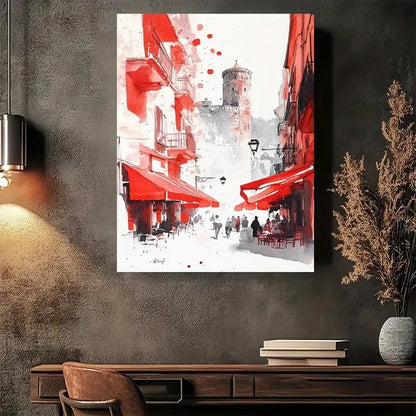 Beautiful Red Paris Street Scene Vibrant Red Painting 40x60cm Metal Print Ready to Hang - Bella Home Decor