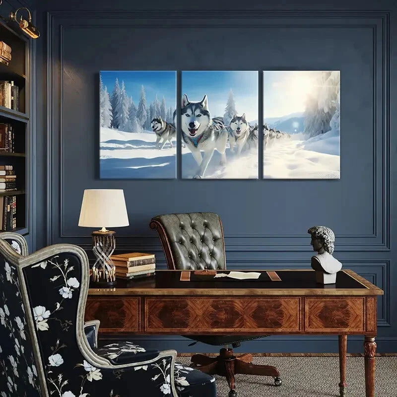 3pcs Siberian Husky Winter Landscape Metal Print Ready to Hang Art - Bella Home Decor