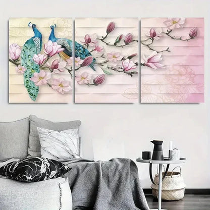 3pcs Elegant Peacock & Magnolia Floral Wall Art Canvas Unframed - High Quality Print 100% Australian Made Wall Canvas