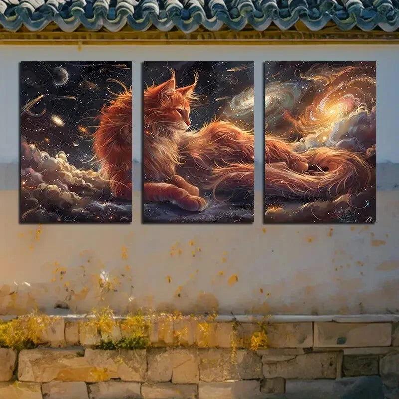 3pcs Charming Cat with Galaxies Illustration Metal Print Ready to Hang Art - Bella Home Decor