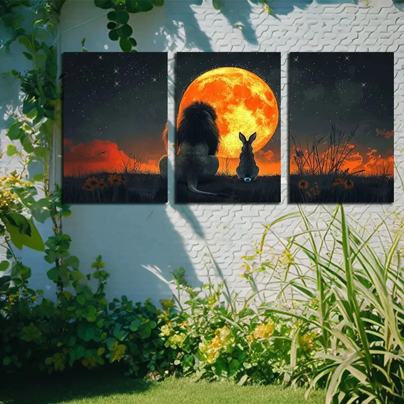 3pcs Vibrant Silhouette of Lions and Rabbit Metal Print Ready to Hang Art - Bella Home Decor