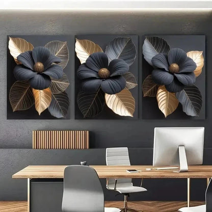 3pcs Black & Golden Floral Canvas  Wall Art Set Canvas Framed 50x70cm - High Quality Print 100% Australian Made Wall Canvas Ready to Hang - Bella Home Decor