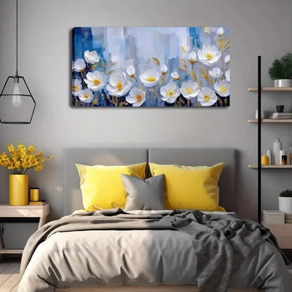 White Flowers Yellow Center Wall Art Canvas Office Home Room Framed 120x60cm - Bella Home Decor