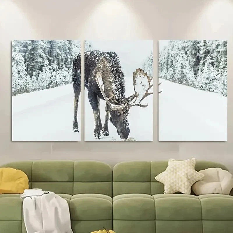 3pcs Moose in Snow Scandi Winter Art Metal Print Ready to Hang Art