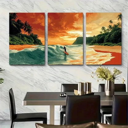 3pcs Vibrant Sunset & Palm Tree KI Wall Art Set Canvas Framed 60x90cm - High Quality Print 100% Australian Made Wall Canvas Ready to Hang