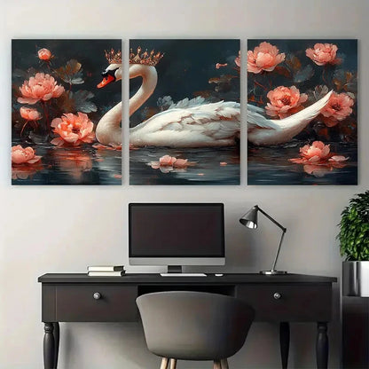 3pcs Elegant Crowned Swan with Floral On Lake Metal Print Ready to Hang Art - Bella Home Decor
