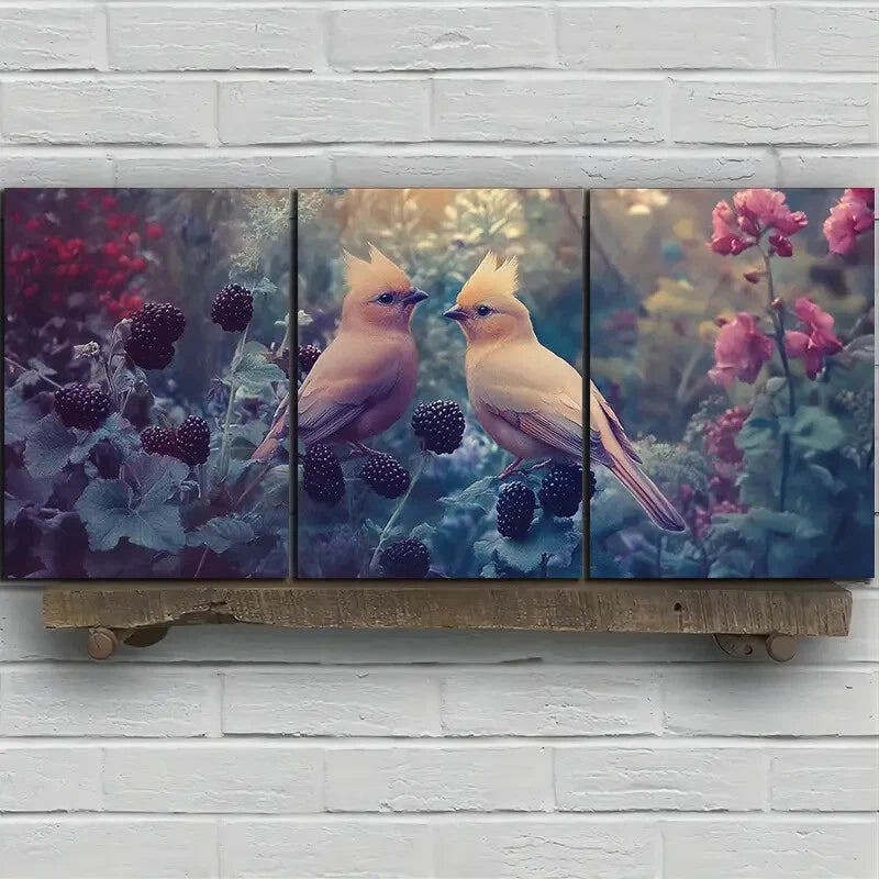 3pcs Two Birds on Blackberry Flowers Metal Print Ready to Hang Art - Bella Home Decor