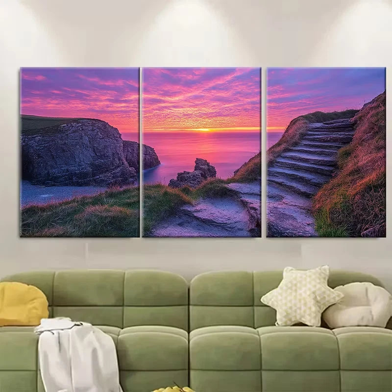 3pcs Vivid Cliff Steps & Ocean View Metal Print Ready to Hang Art