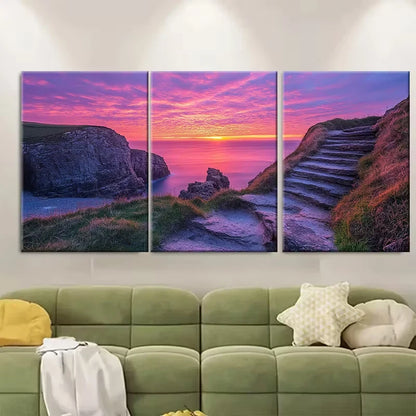 3pcs Vivid Cliff Steps & Ocean View Metal Print Ready to Hang Art