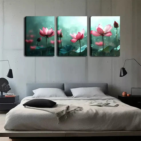3pcs Pink Blooming for Lotus Wall Art Canvas Unframed - High Quality Print 100% Australian Made Wall Canvas