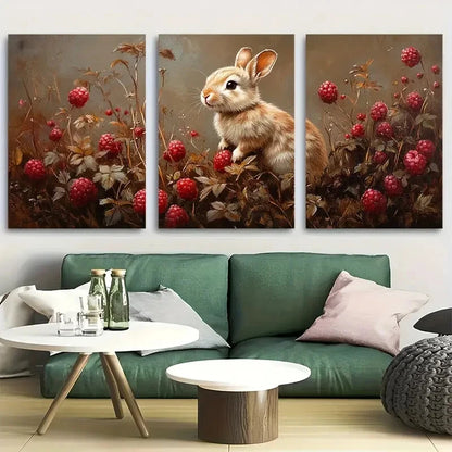 3pcs Adorable Bunny in Raspberry Bush Metal Print Ready to Hang Art