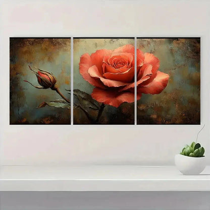 3pcs Vintage Rose Romantic Red Rose & Bud Design Metal Print Ready to Hang Art