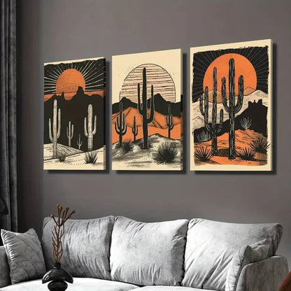 3pcs Desert Cactus Sunset Wall Art Set Canvas Unframed - High Quality Print 100% Australian Made Wall Canvas - Bella Home Decor