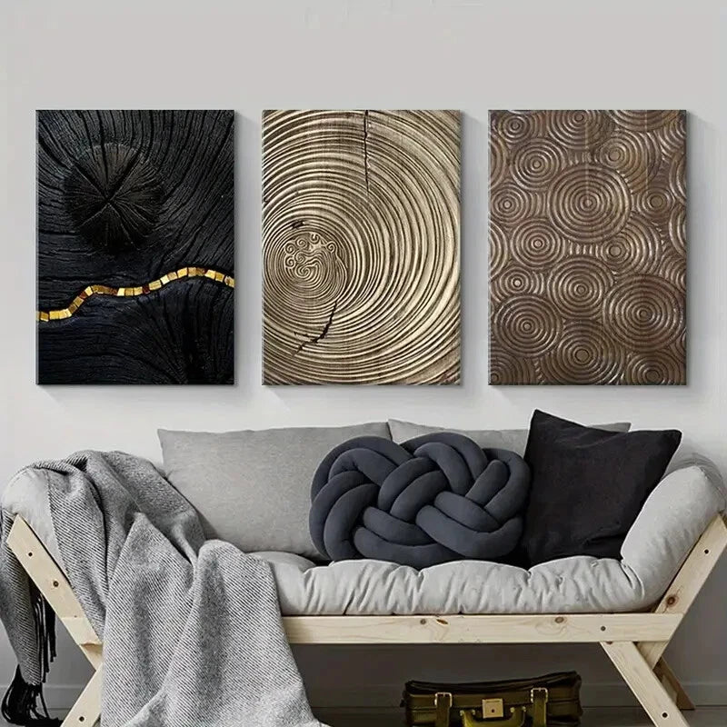 3pcs Abstract Retro Black Golden Metal Print Ready to Hang Art