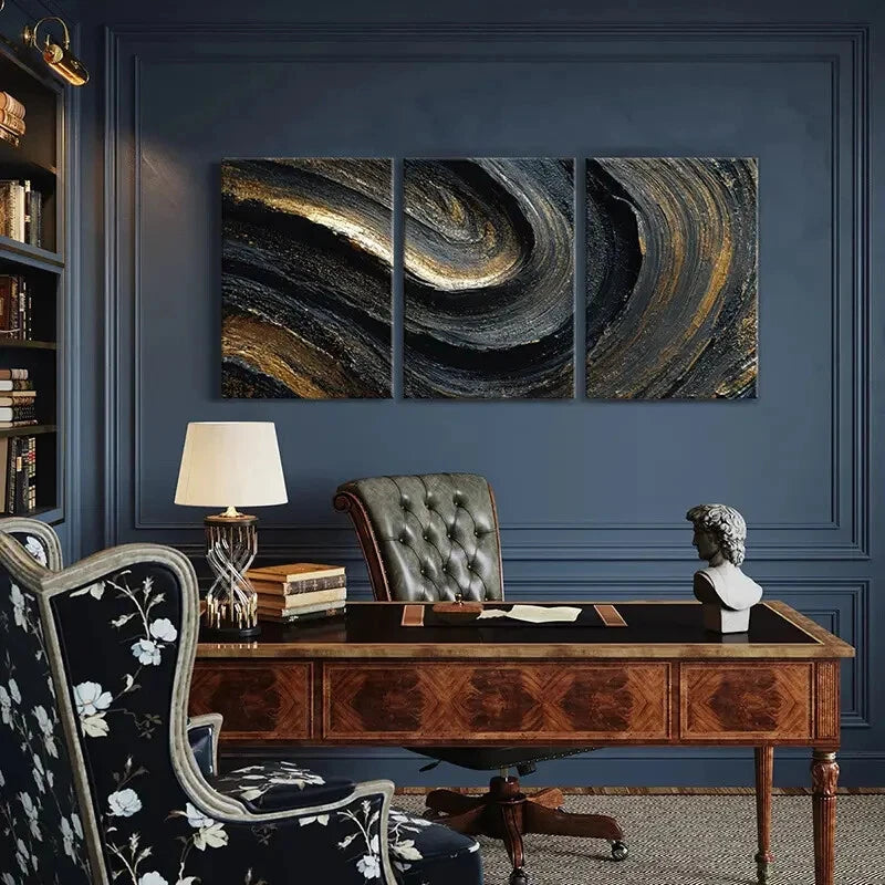 3pcs Abstract Swirls Golden Lines Dark Background Metal Print Ready to Hang Art - Bella Home Decor