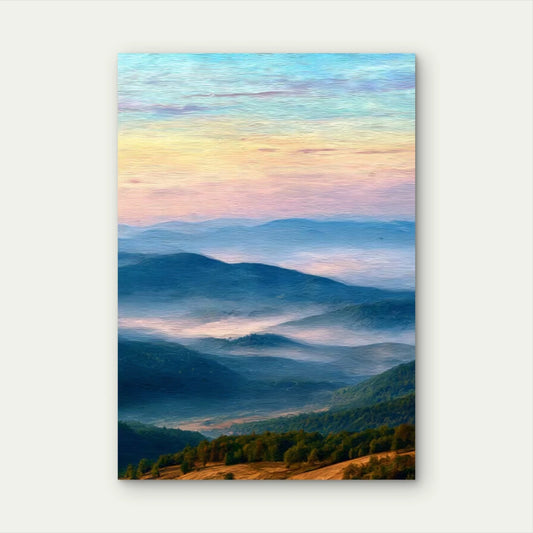 Sunset Sky,Mountain Landscape, Foggy Rolling Hills 60x90cm Metal Print Ready to Hang