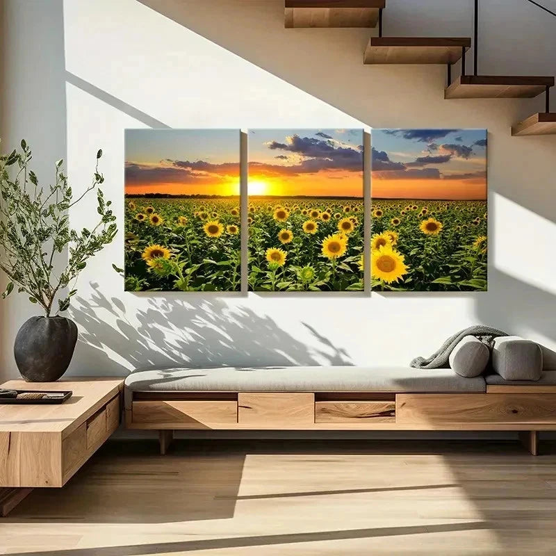 3pcs Sunflower in the Sunshine Nature Scenery Wall Art Set Canvas Framed 50x70cm - High Quality Print 100% Australian Made Wall Canvas Ready to Hang