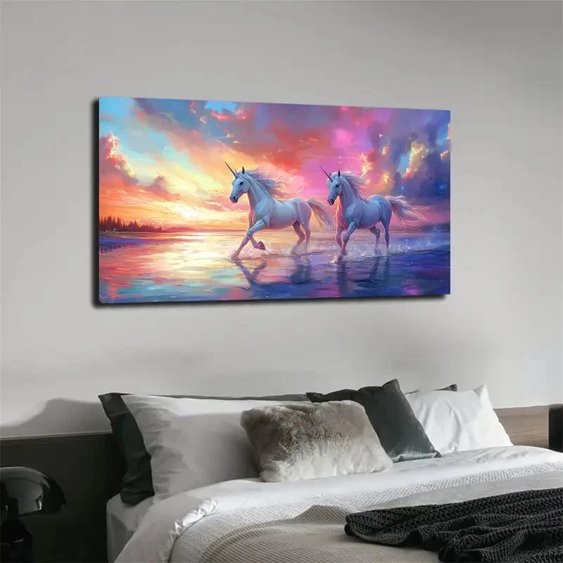 Vibrant Unicorn Sunset Wall Art canvas office home room framed 120x60cm