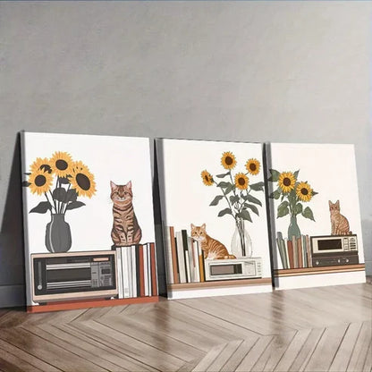 3pcs Cat Is Sitting On The Table Wall Art Canvas Unframed - High Quality Print 100% Australian Made Wall Canvas - Bella Home Decor