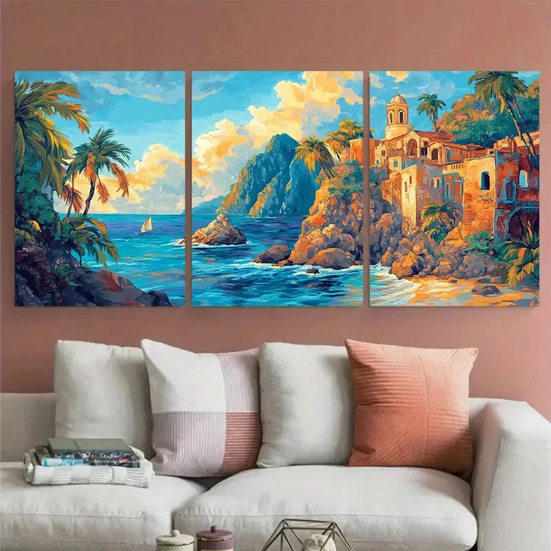 3pcs Serene Beach View Landscape Mexico Travel Wall Art Set Canvas Framed 40x60cm - High Quality Print 100% Australian Made Wall Canvas Ready to Hang