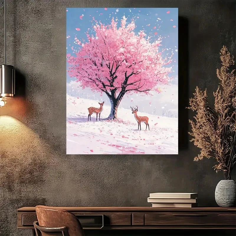 Beautiful Cherry Blossom Winter Scene Deer Painting 40x60cm Metal Print Ready to Hang - Bella Home Decor