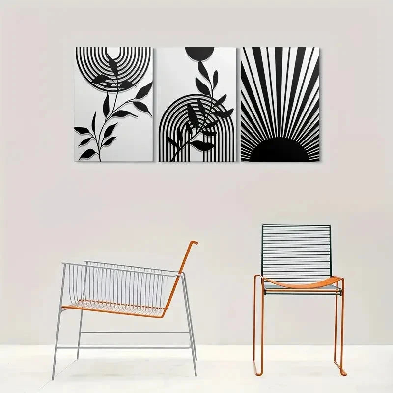 3pcs Black and White Geometric Leaves & Sunburst Metal Print Ready to Hang Art - Bella Home Decor