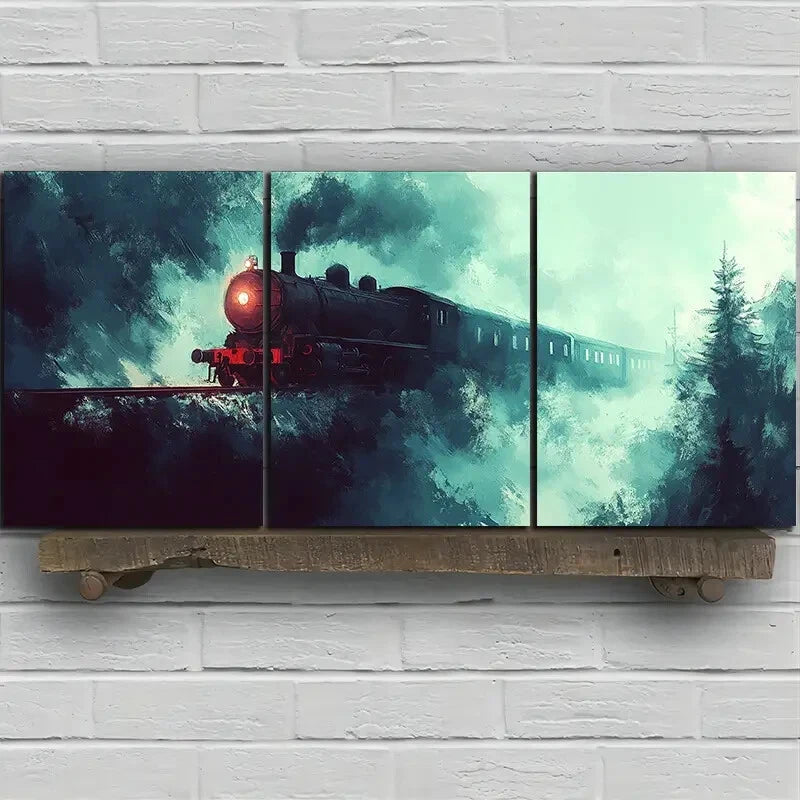 3pcs Freight Train Red Light Snowy Metal Print Ready to Hang Art - Bella Home Decor
