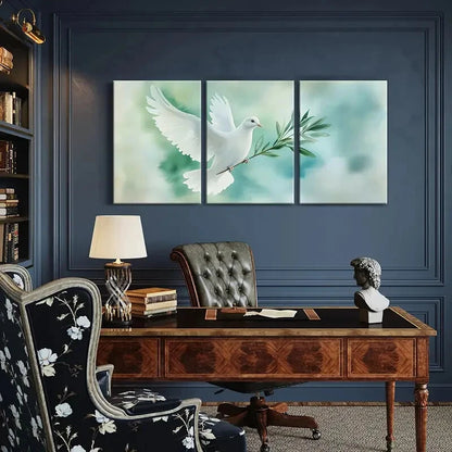 3pcs White Dove Olive Branch Peace Symbol Metal Print Ready to Hang Art - Bella Home Decor