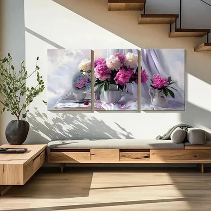 3pcs Vintage Art with Pink Peonies in Vase Wall Art Canvas Unframed - High Quality Print 100% Australian Made Wall Canvas