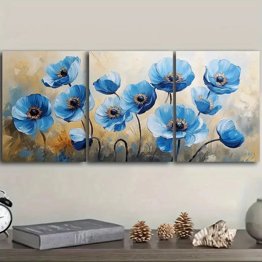 3pcs Abstract Blue Poppies Modern Metal Print Ready to Hang Art