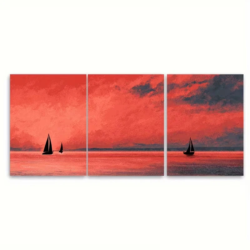 3pcs Dramatic Crimson Bay at Dusk with Sailboats Metal Print Ready to Hang Art - Bella Home Decor