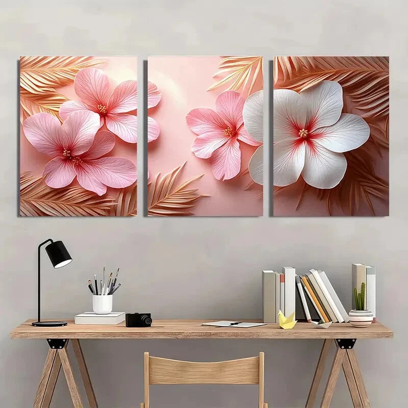 3pcs Pink & White Flowers with Golden Leaves Metal Print Ready to Hang Art - Bella Home Decor