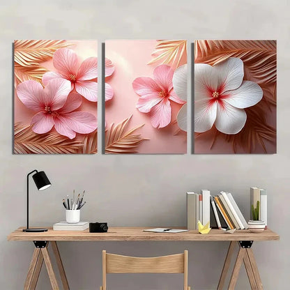 3pcs Pink & White Flowers with Golden Leaves Metal Print Ready to Hang Art - Bella Home Decor